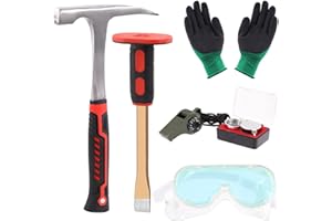 Tanstic 6Pcs Geology Rock Hammer and Chisel Kit, 30oz Hammer & 12" Digging Chisel, Whistle, Safety Glasses, Jewelers Loupe and Gloves, Rock Hounding Equipment Set for Rock Hounding Stone Breaking