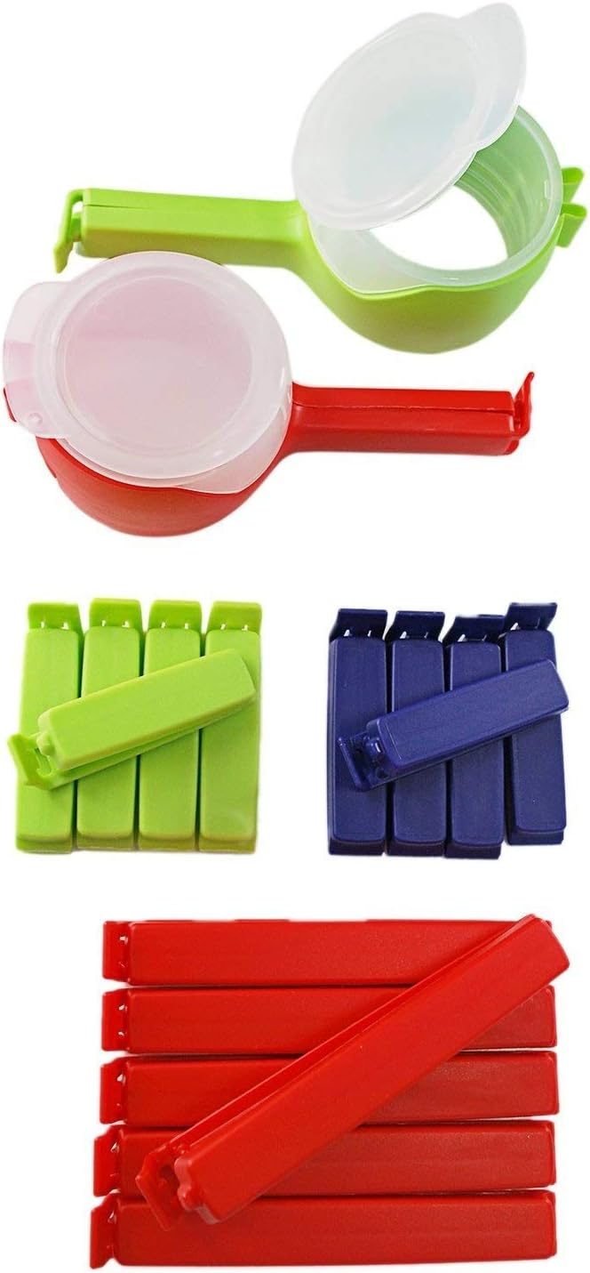 Pack Peg Bag Clips Set CLIP2FRIEND Patented Pouring Clips and 16 Plate Clips – Pack Freezer Bags with 2 Locking Clips | Pouring Clips in White, Green or Red | Bag/Locking Clips in Red, Blue and Green