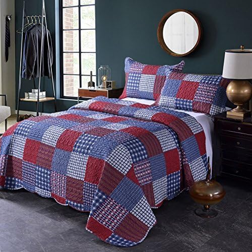 JessyHome Summer Quilts King Size,Plaid Patchwork Coverlet Set,Reversible Bedspread Set,3 Pieces 1 Quilts 2 Pillow Shams