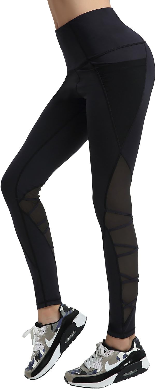 AIYIHAN Womens Mesh Sports Leggings Yoga Pants Stretchy Workout Acitive Black with Side Pocket