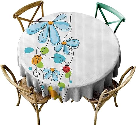 Amazon One1love こぼれ防止テーブルカバー テントウムシ デコレーションコレクション てんとう虫 花 サマーガーデン 昆虫 クリップ 装飾 シンメトリー画像プリント ハイエンド 丈夫 クリエイティブ ホーム レッド ブルー ホワイト 40 Round 100cm テーブルクロス
