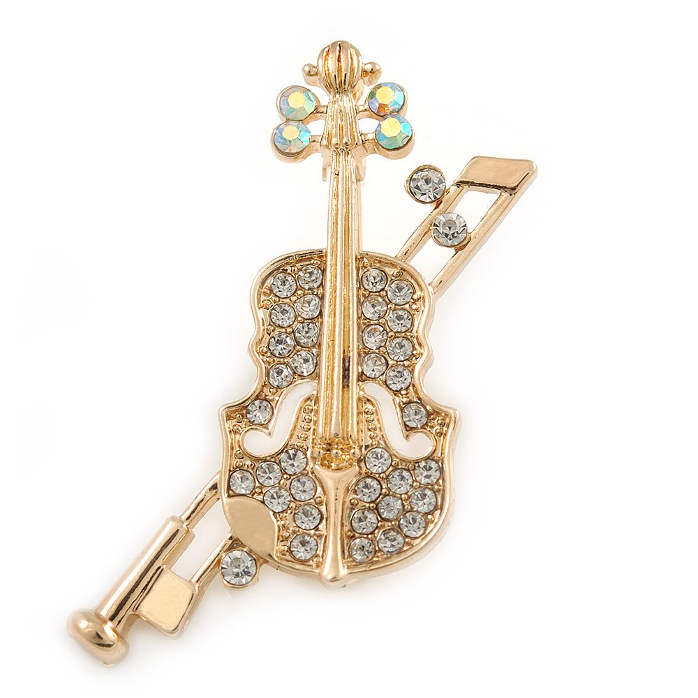 Clear/AB Crystal Violin Brooch In Gold Tone Metal - 45mm L