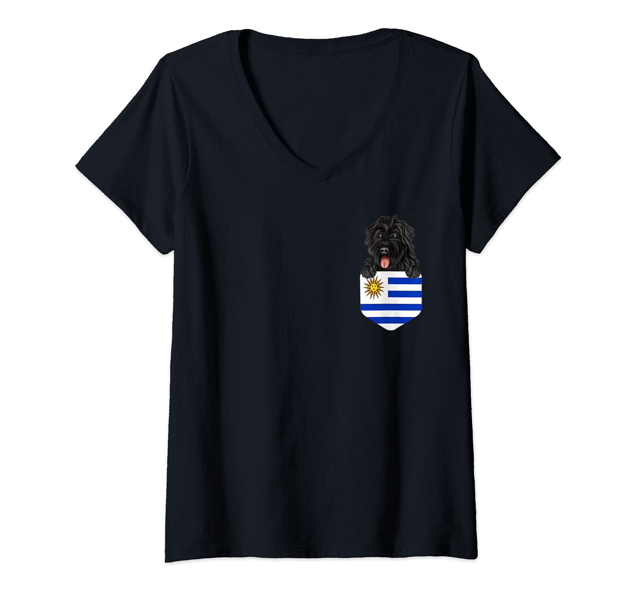 Womens Uruguay Flag Bouvier des Flandres Dog In Pocket V-Neck T-Shirt
