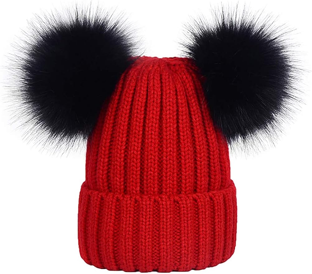 Womens Double Pom Pom Winter Bobble Hat Knitted Faux Raccoon Fur Ball Cap Adult Beanie Hat Red At Amazon Women S Clothing Store
