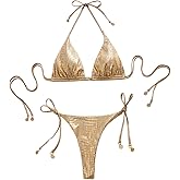 SHENHE Women's Metallic String Thong Bikini Set Triangle Halter 2 Piece Brazilian Swimsuit