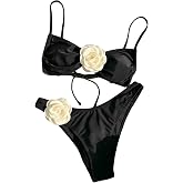 Falainetee Women's Floral Appliques Cute Bathing Suit High Waisted Colorblock Tie Back Swimsuit Bikini Set