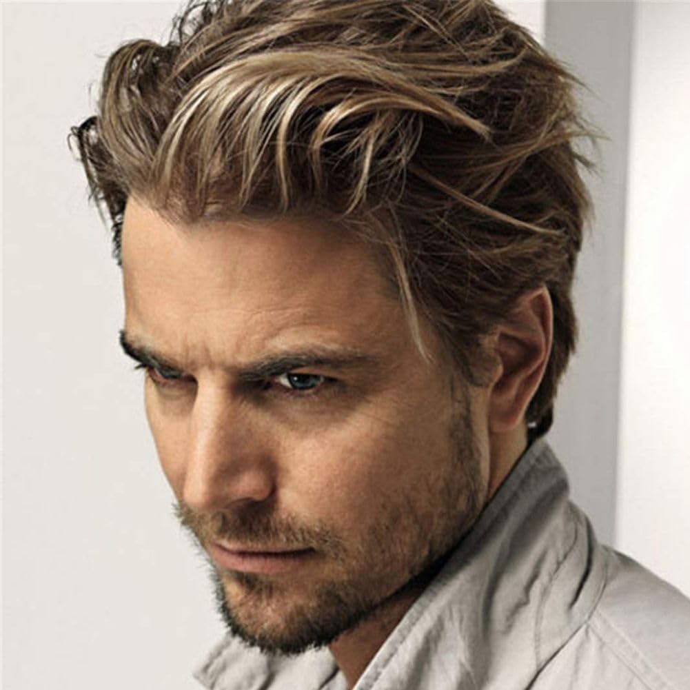 Salaibs Mens Light Brown Short Wig with Blonde Straight Layered Natural Male Hair Wig Synthetic Fiber Costume Cosplay Guy Wigs — image 1
