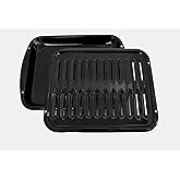 Non-Stick Porcelain Broiler Pan and Grill for Whirlpool 4396923, and GE WB48X10056, 2 Piece Black Porcelain Coated Carbon Steel Roasting Pan. MADE IN THE USA. by Kitchen Basics 101