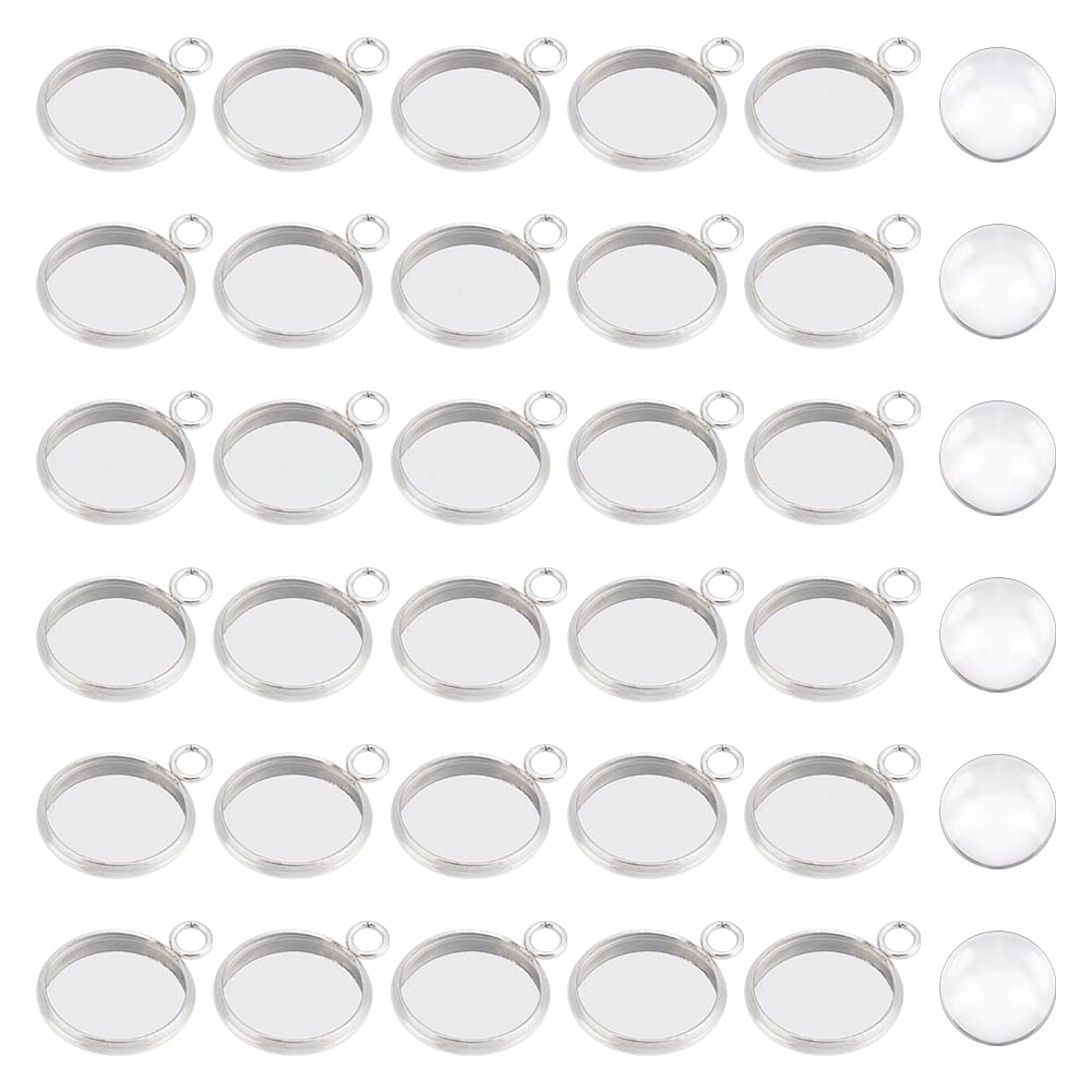 UNICRAFTALE 60 Sets 12mm Flat Round Tray Charm Making Kits Blank Bezel Pendant 304 Stainless Steel Pendant Cabochon Settings and Clear Glass Cabochon for Women Necklaces Jewelry Making