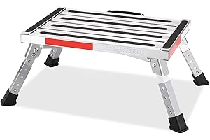Safety RV Steps, Yagud Height Adjustable Folding Platform Step with 17" X 12" Anti-Slip Surface, Rubber Feet, Handle, Reflective Strips, and T Level, Aluminum RV Step Stool Supports Up to 1000lbs