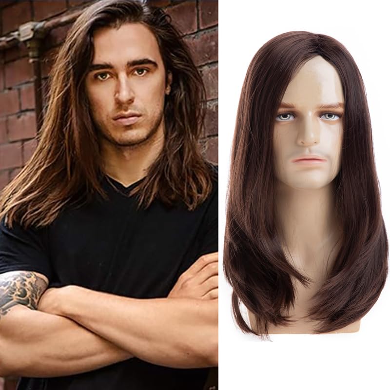 Dsimeig Mens Wig Long Brown Hair Straight Synthetic Heat Resistant Party Halloween Cosplay Wig