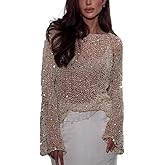 Women’s Sequin Mesh Hollow Sweater Sheer Long Sleeve See Through Pullover Top Sparkly Party Club Outfits