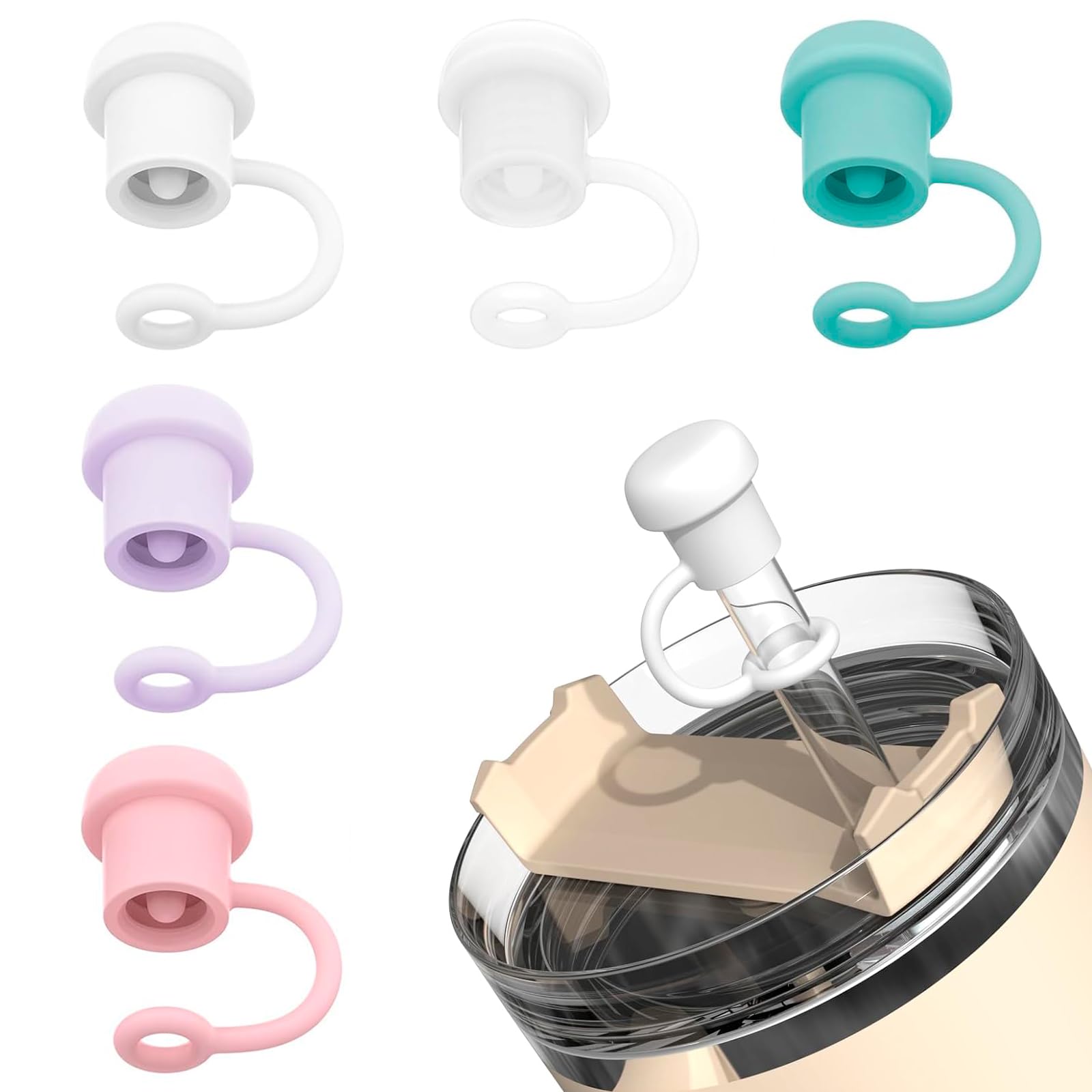 5pcs Straw Covers, Reusable Silicone Straws Cap, Dust-Proof Straw Toppers Protector Cover for Stanley Tumbler, Cute Tips Lids Toppers Cap Leak-Proof, Simple Cup Protector for Stanley Cup Accessories