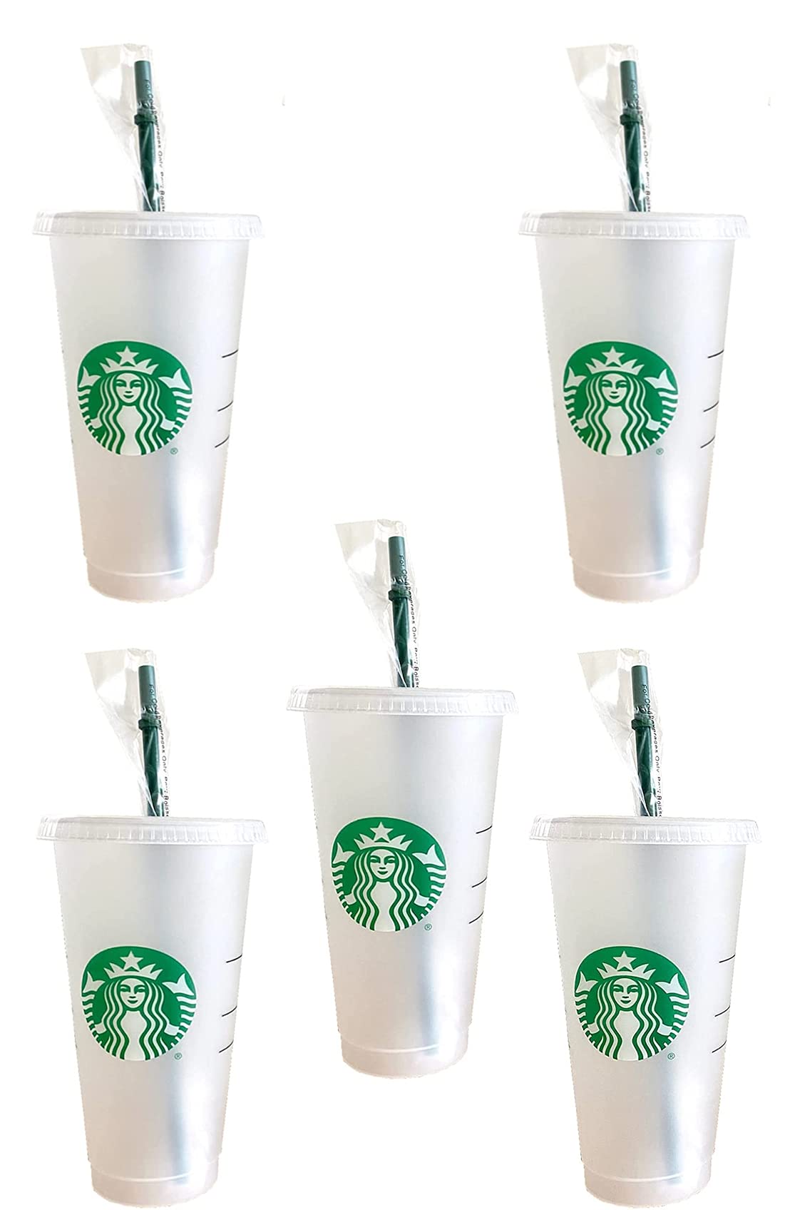Starbucks 5 Pack Bundle - Reusable Frosted 24 oz Cold Cup with Lid and Green Straw w/Stopper