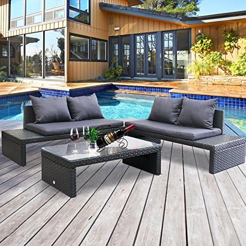 Cloud Mountain 4 PC Patio Rattan Furniture Set Outdoor Garden Sectional Loveseat Backyard Cushioned Conversation Sofa Set Glass Top Table, Steel Blue