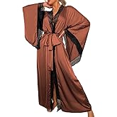 ChiaoLezhee Silk Long Robe For Women, Satin Lace-Trim, Bride Wedding-Night, Bridal Bridesmaid Kimono Robes Lightweight