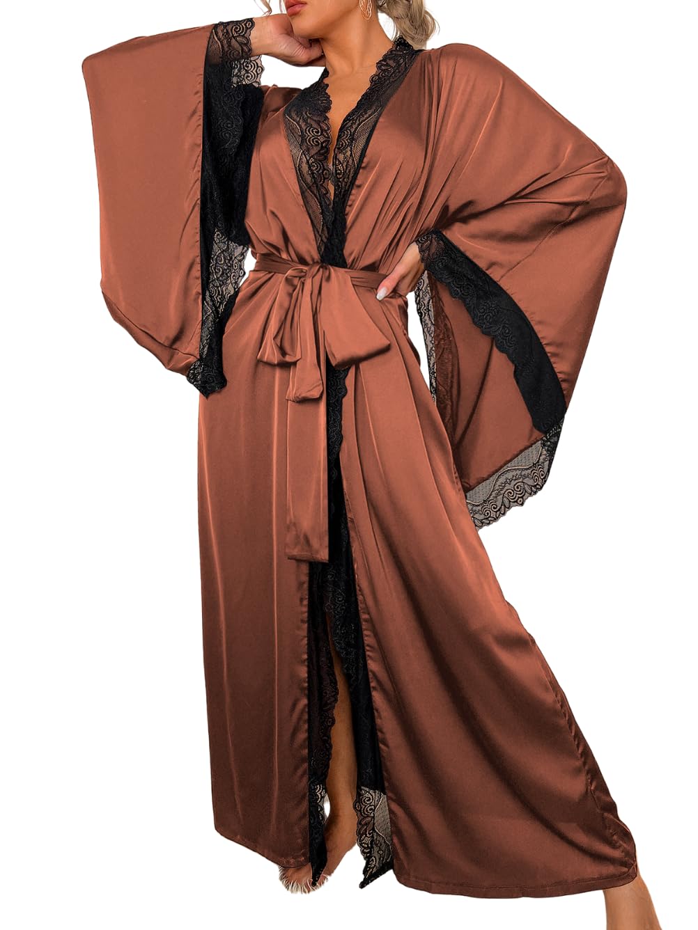 View 1 of ChiaoLezhee Silk Long Robe For Women, Satin Lace Trim, Bride Wedding Night, Bridal Bridesmaid Kimono Robes Lightweight Boudoir Outfits Sexy High Slit Bathrobe Kimonos, Brown, Small