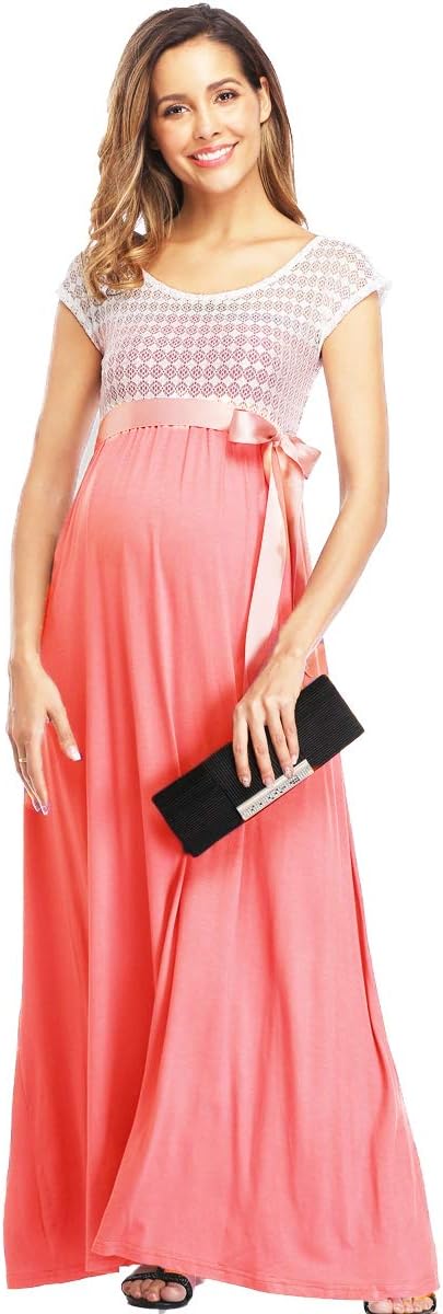 Women's Festive Midi/Maxi Lace Maternity Baby Shower Party Cocktail Photoshoot Pregnancy Dress with Ribbon Waist