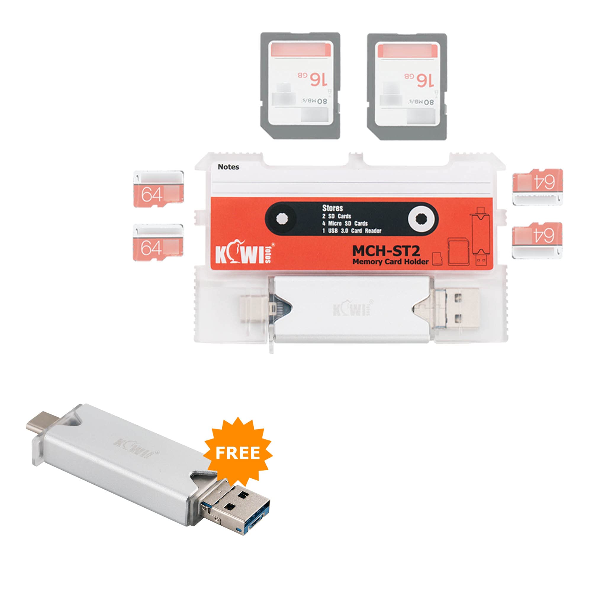 Kiwifotos 2 in 1 Memory Card Case Portable Slim Holder Storage with USB 3.0 SD Card Reader for 2 SD Cards + 4 Micro SD Cards (Red)