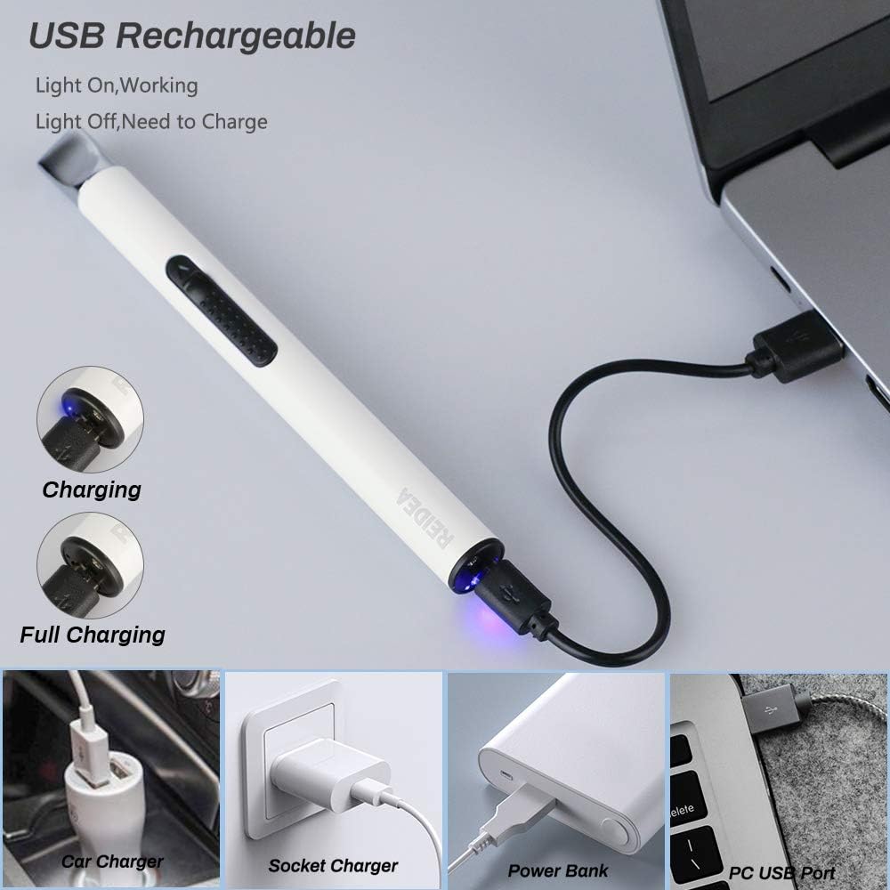 REIDEA Candle Lighter, Electric Lighter Camping Lighter Grill Lighter USB Lighter Plasma Arc with with Safe Protector Button,Perfect for Candle Cooking BBQ Fireworks (White): Home & Kitchen