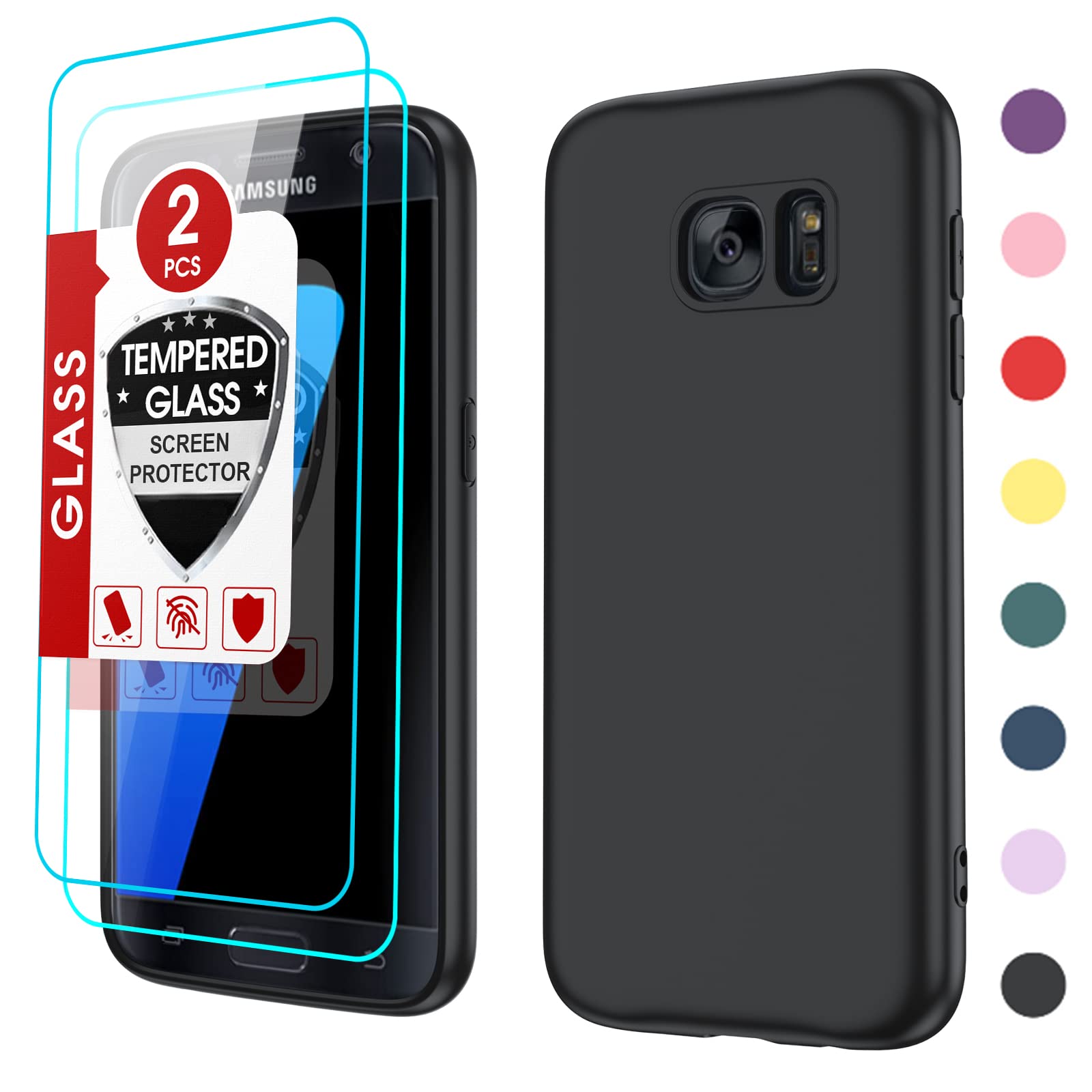 Photo 1 of LeYi for Samsung S7 Phone Case: Galaxy S7 Case with 2 Pack Tempered Glass Screen Protector for Women Men, Liquid Silicone Slim Gel Rubber Protective Case Cover for S7 Samsung 5G, Black