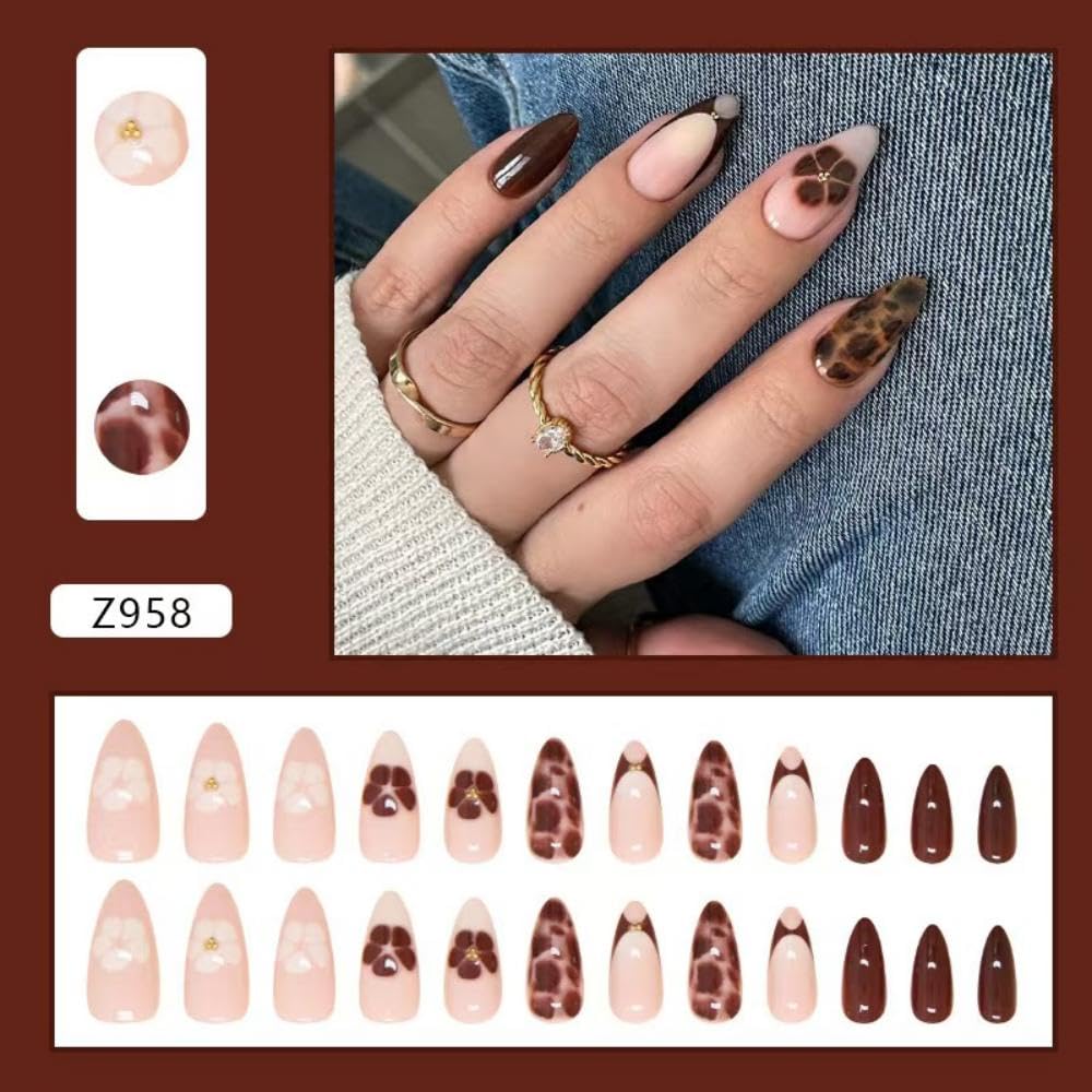 Brown Press on Nails Nude fake Nails with Glitter Design Flower Glue on Nails Artificial Acrylic Nail Full Cover Glossy Stick on Nails Medium Almond False Nails for Women Manicure 24Pcs - Image 4
