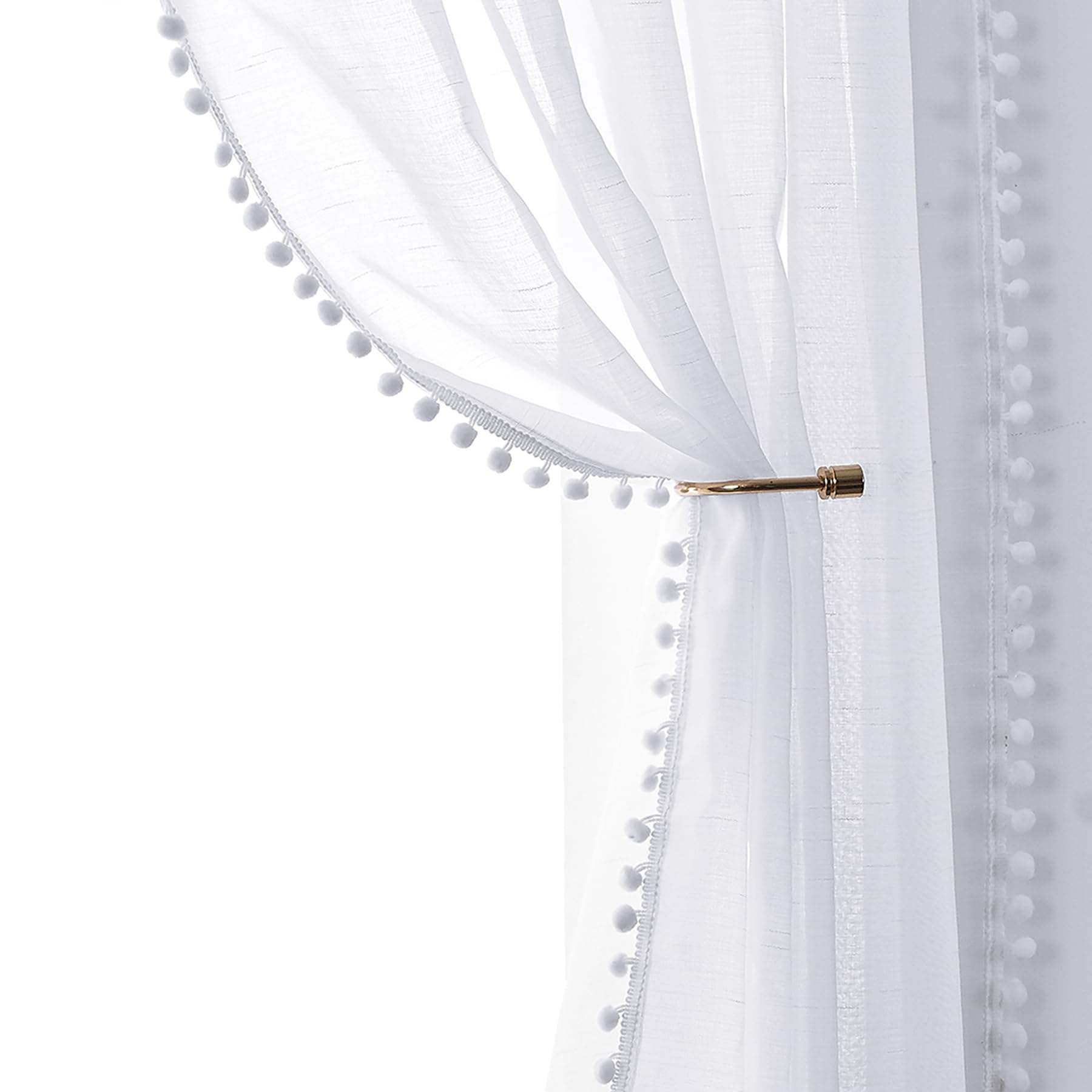 Pom Pom White Sheer Curtains for Girls Room Light Filtering Airy Kids Bedroom Window Curtain Set Pencil Pleat Tape Top Linen Texture Voile Curtains for Small Kitchen Windows 52" by 54" 2 Panels — image 1