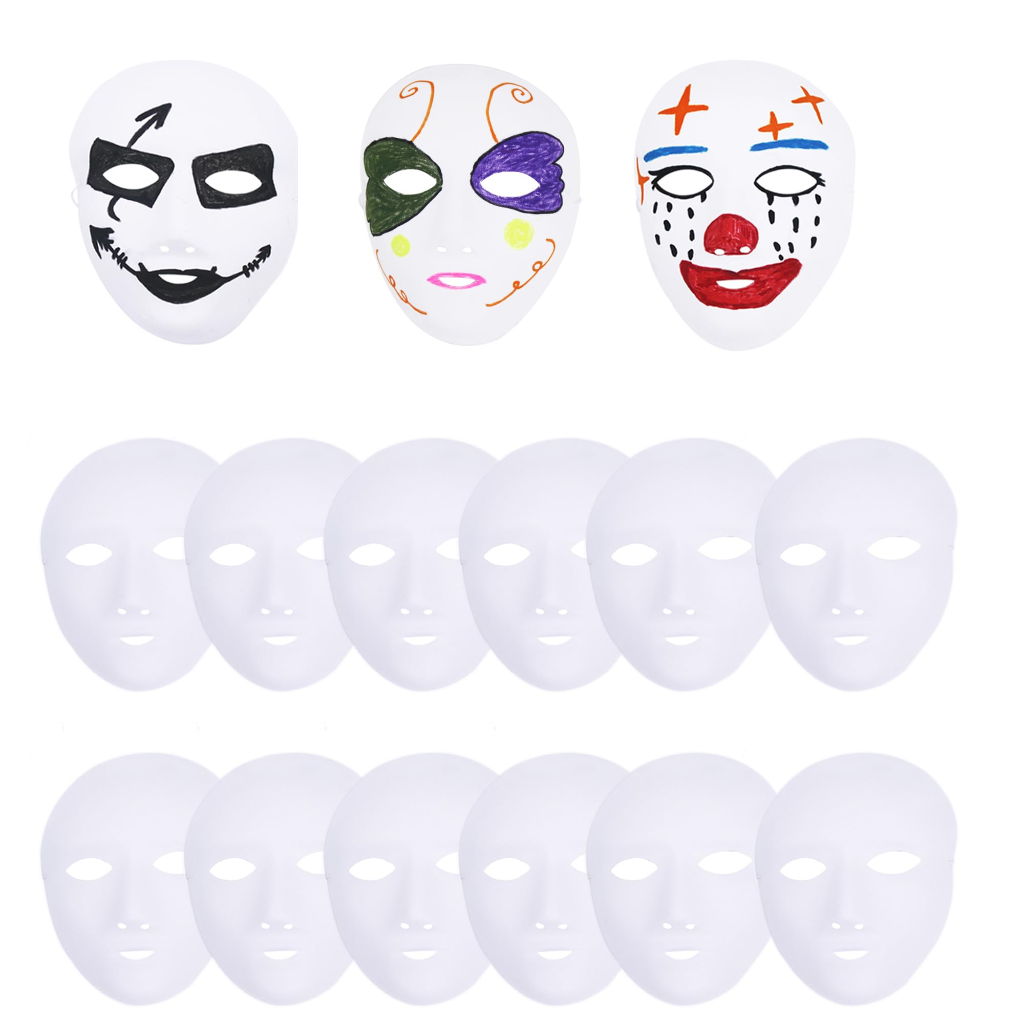 COOKY.D 12pcs White Plastic Full Face Hand Painted Blank Halloween Party DIY Cosplay Plain Art Project Female Masks,6"x7"
