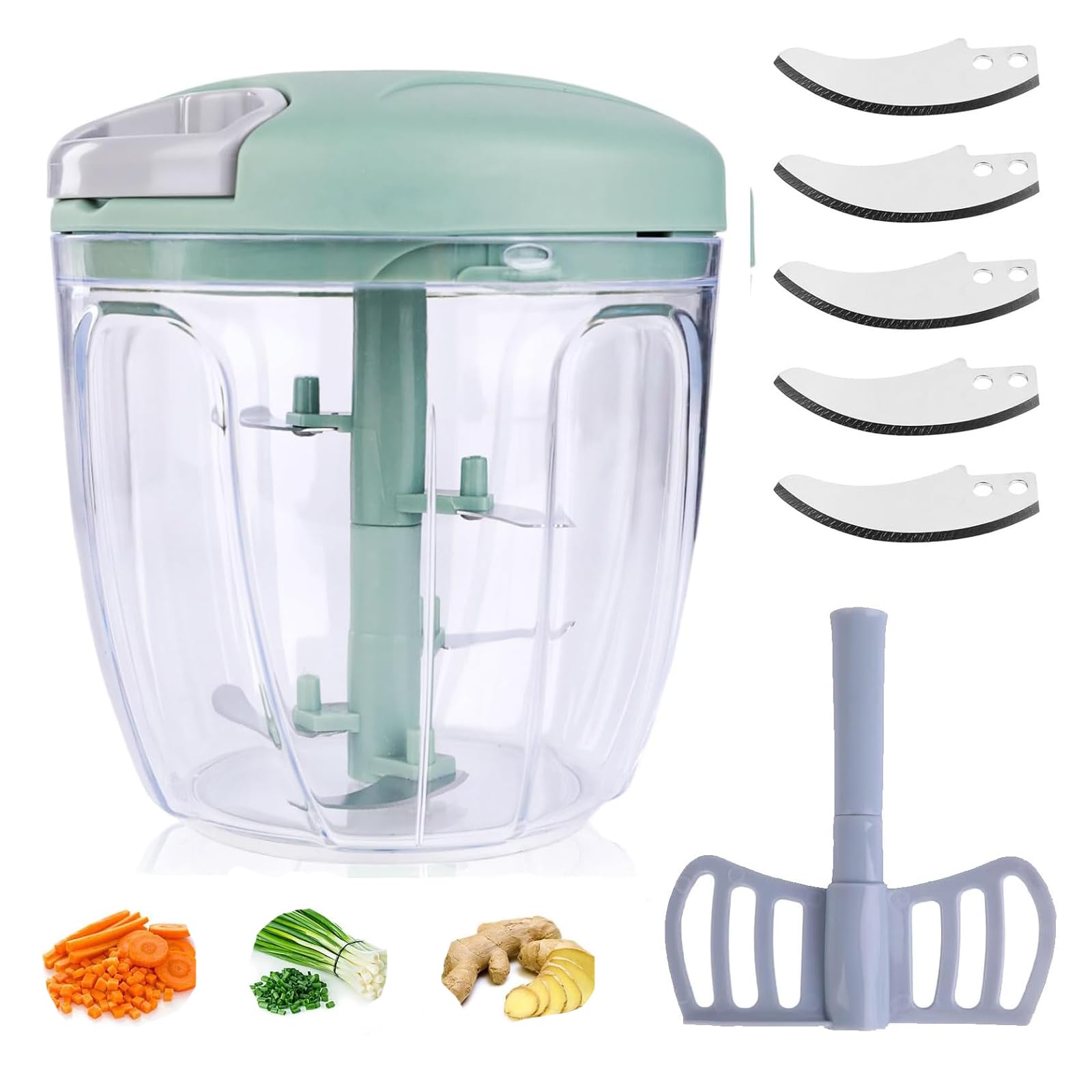 WIGUROE Manual Onion Cutter, Onion Chopper with Cable and Stainless Steel Blades, Garlic Chopper Manual Vegetable Cutter with Whisk for Onions, Vegetables, Fruit, Garlic (900ml)
