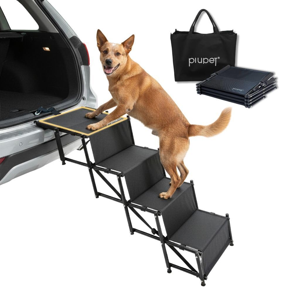 PiuPet® Dog Steps I Loadable up to 80kg Car Ramps I Usable All Vehicles I Large and Small Dogs I Black I Dog Ramps for Cars Foldable | Car Ramp for Dogs I Dog Steps for Car