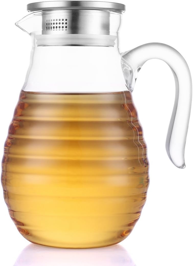 JIAQI Glass Pitcher with Lid and Spout 62 Ounces - Unique Wave Pattern - Heat Resistance Water Pitcher for Hot/Cold Water, Homemade Juice & Iced Tea, Brush and Coaster Included