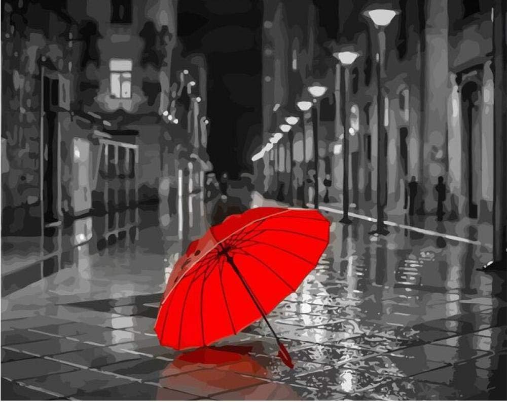 Diy oil painting paint by number Street black and white umbrella red 40x50cm with Brushes Paints and Canvas Home Decor for Adults Children Seniors Junior Beginner Level Acrylics Painting Kits