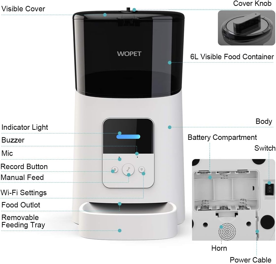 Pet Supplies : WOPET 6L Automatic Cat Feeder, Wi-Fi Enabled Smart Pet Feeder for Cats and Dogs, Auto Dog Food Dispenser with Portion Control, Distribution Alarms and Voice Recorder Up to 15 Meals per Day : 