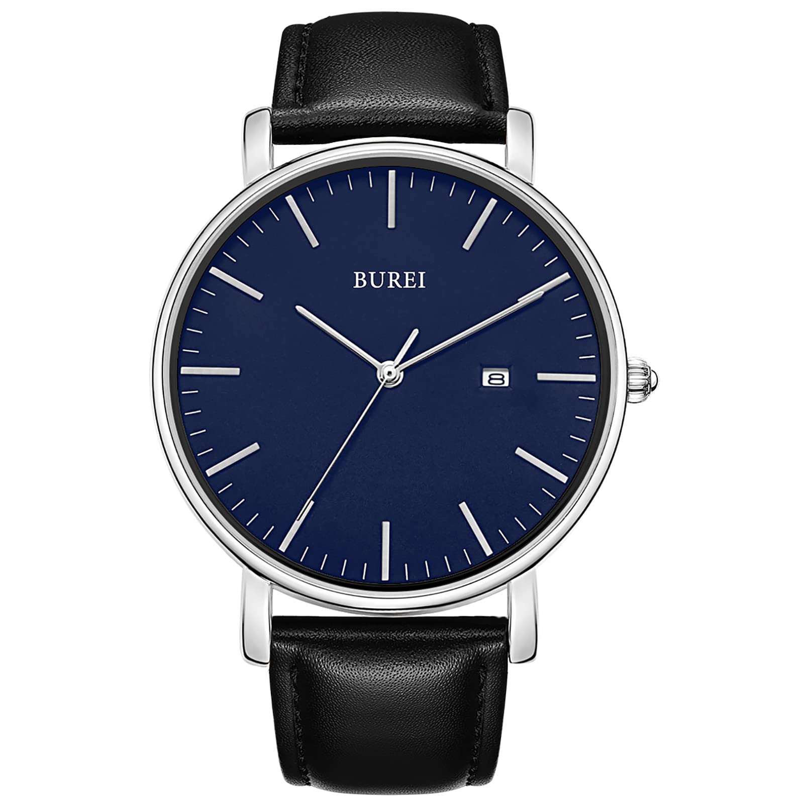 BUREI Men's Watches, Classic Analogue Dial with Date Japanese Quartz and Ultra-Thin Stainless Steel Mesh Band (Blue White Black, Leather)