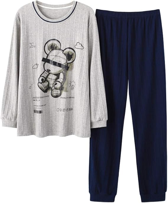 Amazon Co Jp 春秋冬 メンズ ルームウェア パジャマ 薄手 長袖 コットン 綿 肌に優しい 男の子 男性用 かわいい オシャレ カジュアル 上下セット 丸首トップス 長ズボン 柔らかい 通気 吸湿 上下 セット 2点セット 部屋着 寝巻き お出掛け 服 ファッション小物
