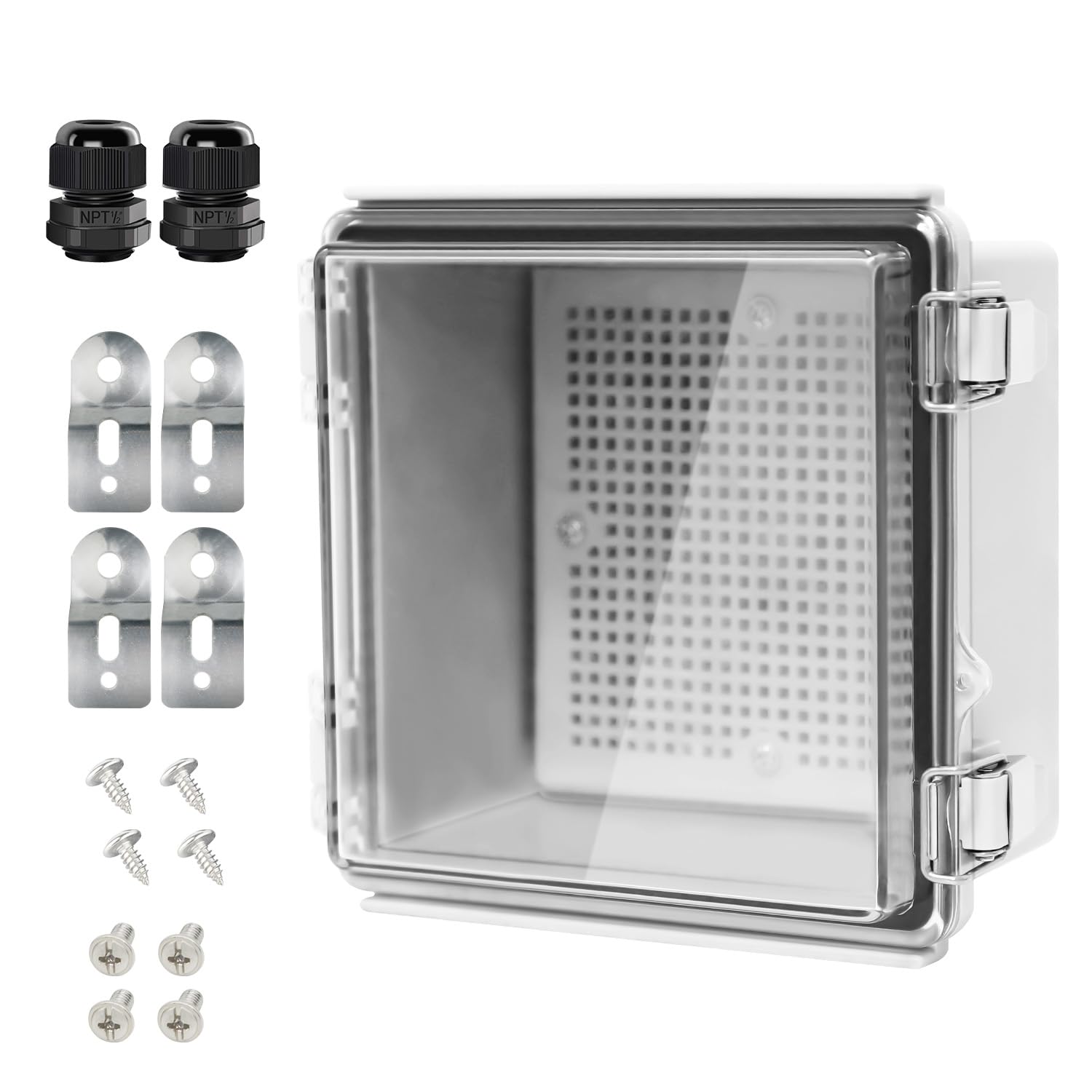 Photo 1 of LeMotech Electrical Box, IP67 Waterproof Hinged Clear Cover Stainless Steel Latch Junction Box, ABS Plastic Electrical Enclosure with Mounting Plate,Wall Brackets, Cable Glands,5.9"x5.9"x3.5",Grey