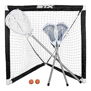 STX FiddleSTX Three Player Game Set with Two Field Player Sticks One Goalie Stick Mini Goal and Balls , White/Grey