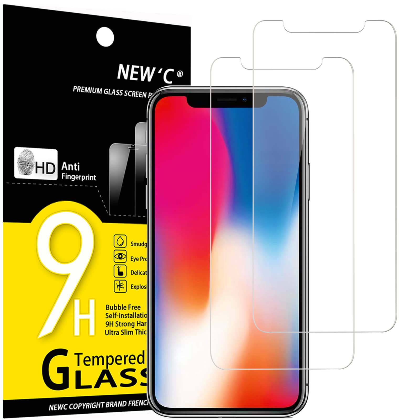 NEW'C 2 Pack Designed for iPhone 11 Pro and iPhone X and iPhone XS Screen Protector Tempered Glass, Case Friendly Bubble Free Ultra Resistant