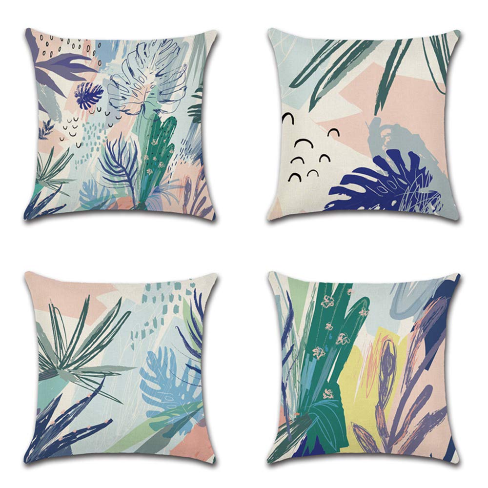 BAOKU Abstract cartoon leaves Cushion Covers 45cm x 45cm Set of 4 Cotton Linen Outdoor Pillow Cases Square Cushion Covers for Sofa Couch Bed 18x18 inch