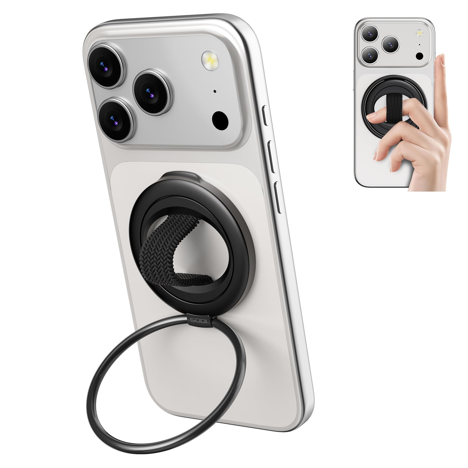 SODI Cell Phone Ring Holder with Finger Strap, Detachable Finger Strap Magnetic Phone Grip, Strong Magnet Phone Grip Compatible with iPhone 17 16 15 14 13 12 Series, Black