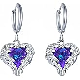 Angel Wing Earrings for Women Heart Crystal Hoop Wings Amethyst Drop Earrings for Women
