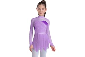 Xroufi Kids Girls Figure Skating Dress Sheer Mesh Long Sleeve Ballet Dance Outfit Irregular Hem Skirted Leotard