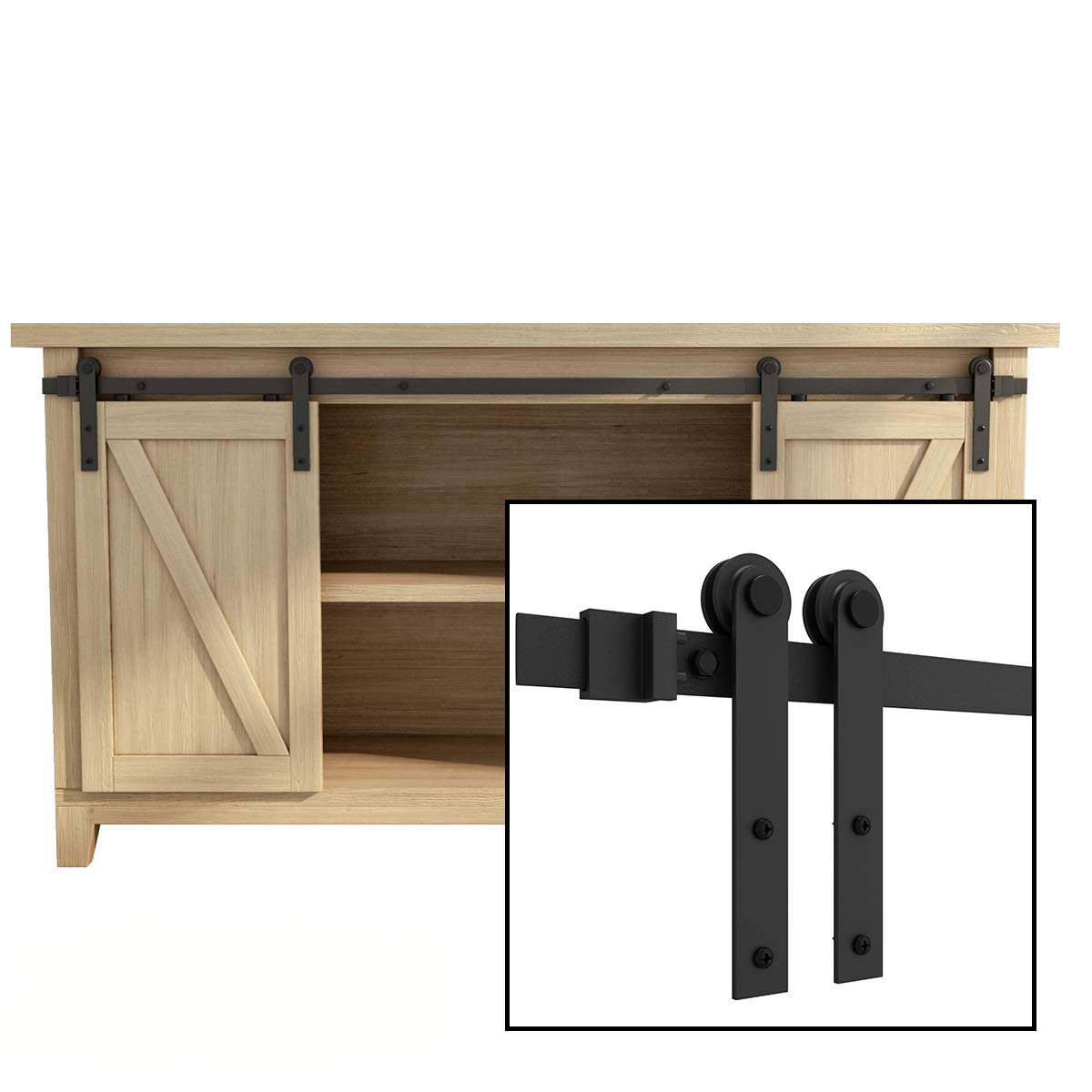 SMARTSTANDARD 5FT Super Mini Double Door Cabinet Sliding Barn Door Hardware Kit -Smoothly and Quietly -for TV Stand, Closet, Window -Fit 15" Wide Door Panel -I Shape Hanger (NO Cabinet)