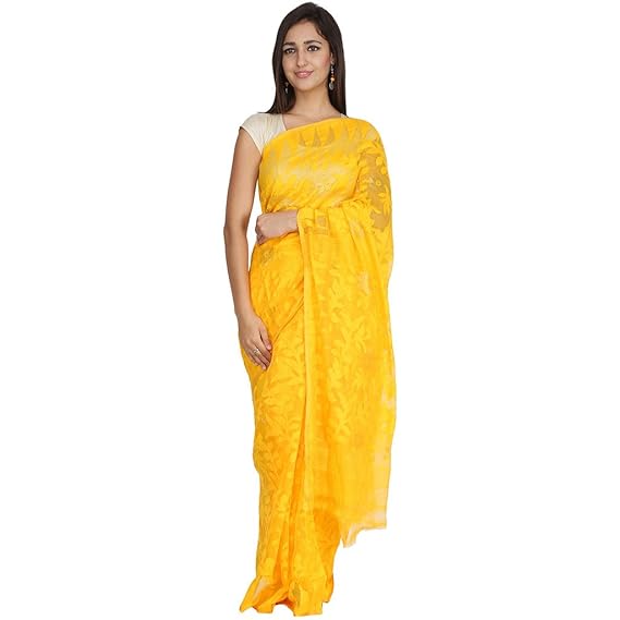 Buy Tanya Sunshine Yellow Hand Woven Bengal Pure Cotton Dhakai Jamdani Saree At Amazon In