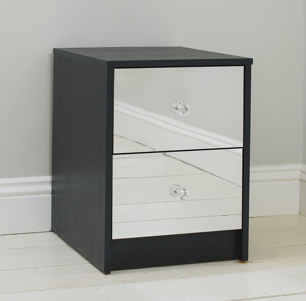 Two Drawer Mirrored Bedside Unit, Black