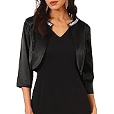 WOMLAYOUT Women's Open Front Shrugs 3/4 Sleeve Beaded Trim Wedding Guest Cocktail Crop Satin Bolero