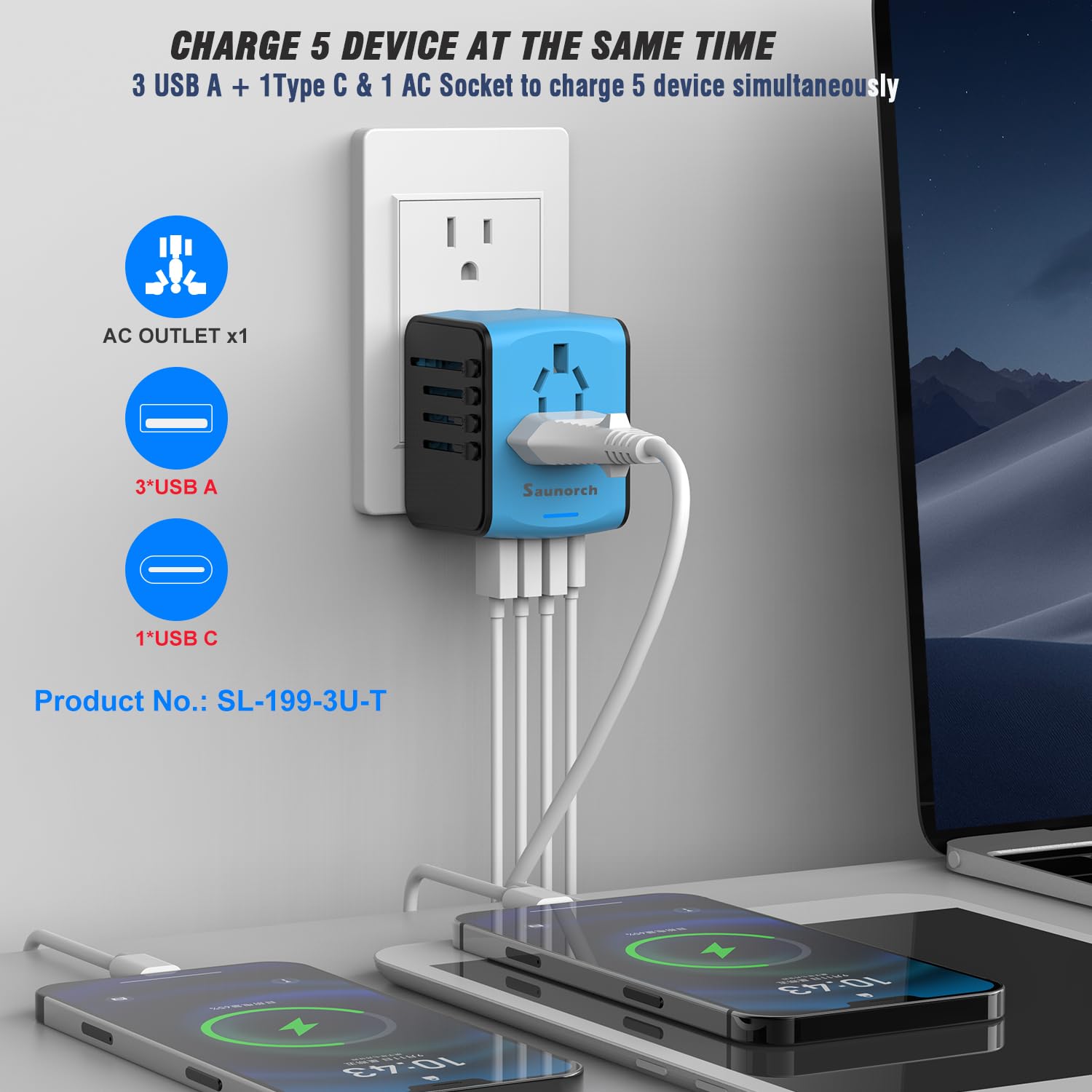 SAUNORCH Travel Adapter Worldwide, Universal International Power Plug Adapter W/2.4A 3xUSB-A and 3.0A Type-C Wall Charger, European Travel Plug Adapter for Europe UK EU US CA AU Italy Asia-Blue