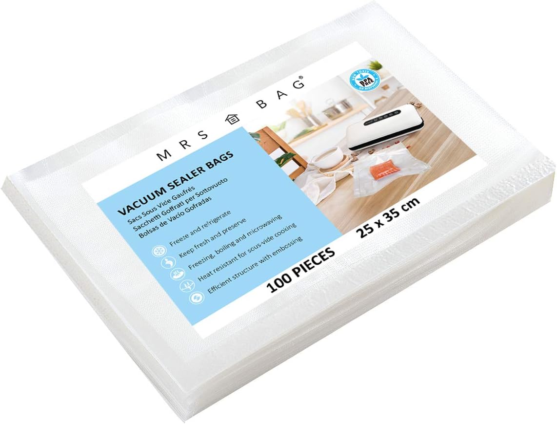 Vacuum Food Sealer Bags, Embossed Food Vacuum Sealer Accessories for Sous Vide Cooking, Microwave & Freezer Safe (25x35cm | 100 Pieces)