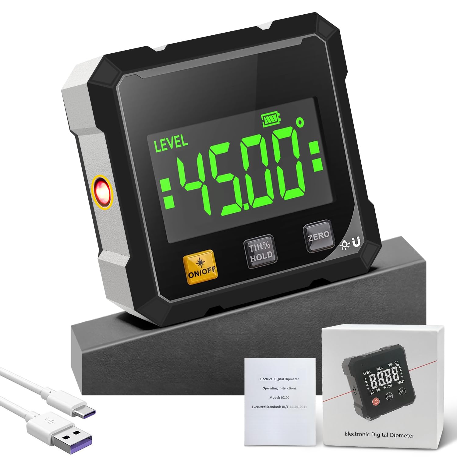 Digitaler Winkelmesser mit Laser, 4-seitig Magnetisch mit LCD Display, Type-C Schnittstelle IP54 Wasserdicht, ±0,2° Präzision Inklinometer für BAU, Maschinen, DIY Arbeiten