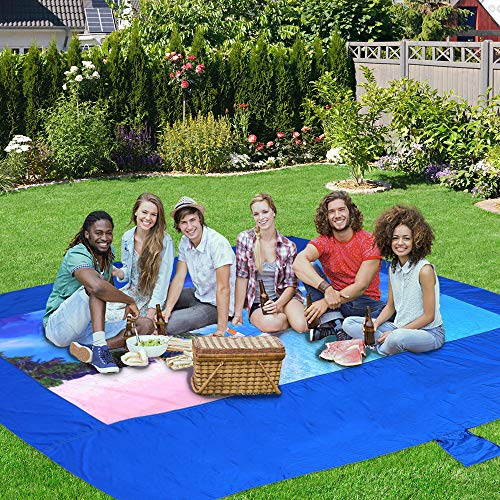 Acdyion Outdoor Sandproof Beach Blanket 9' X 10' Lightweight Oversized Waterproof Durable Beach Mat for Picnic, Travel, Camping, Hiking, Festivals Large Printing Blanket with Pockets (Sapphire Blue)